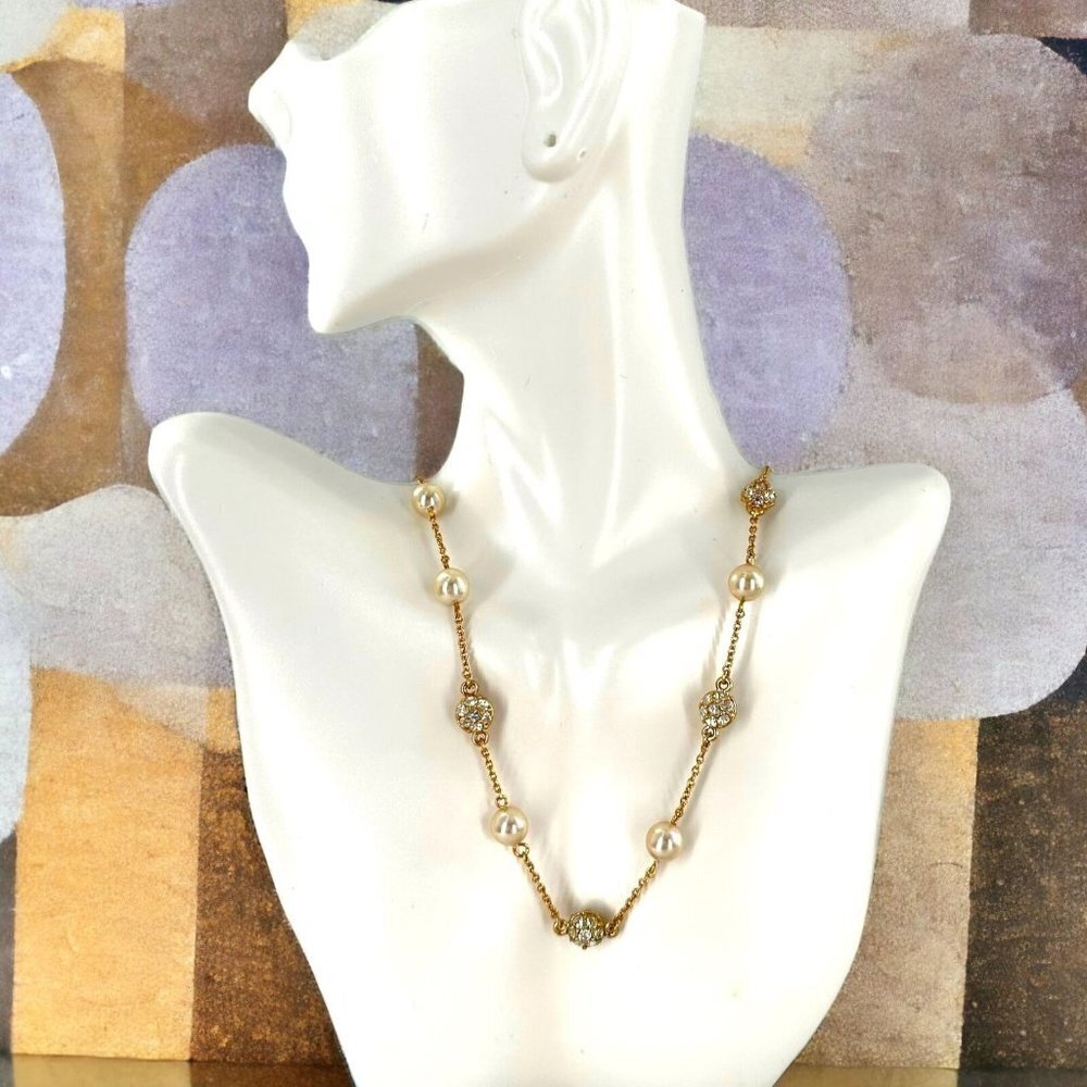 Elegant NOLAN MILLER Champagne Pearl Crystal and Gold Station Necklace